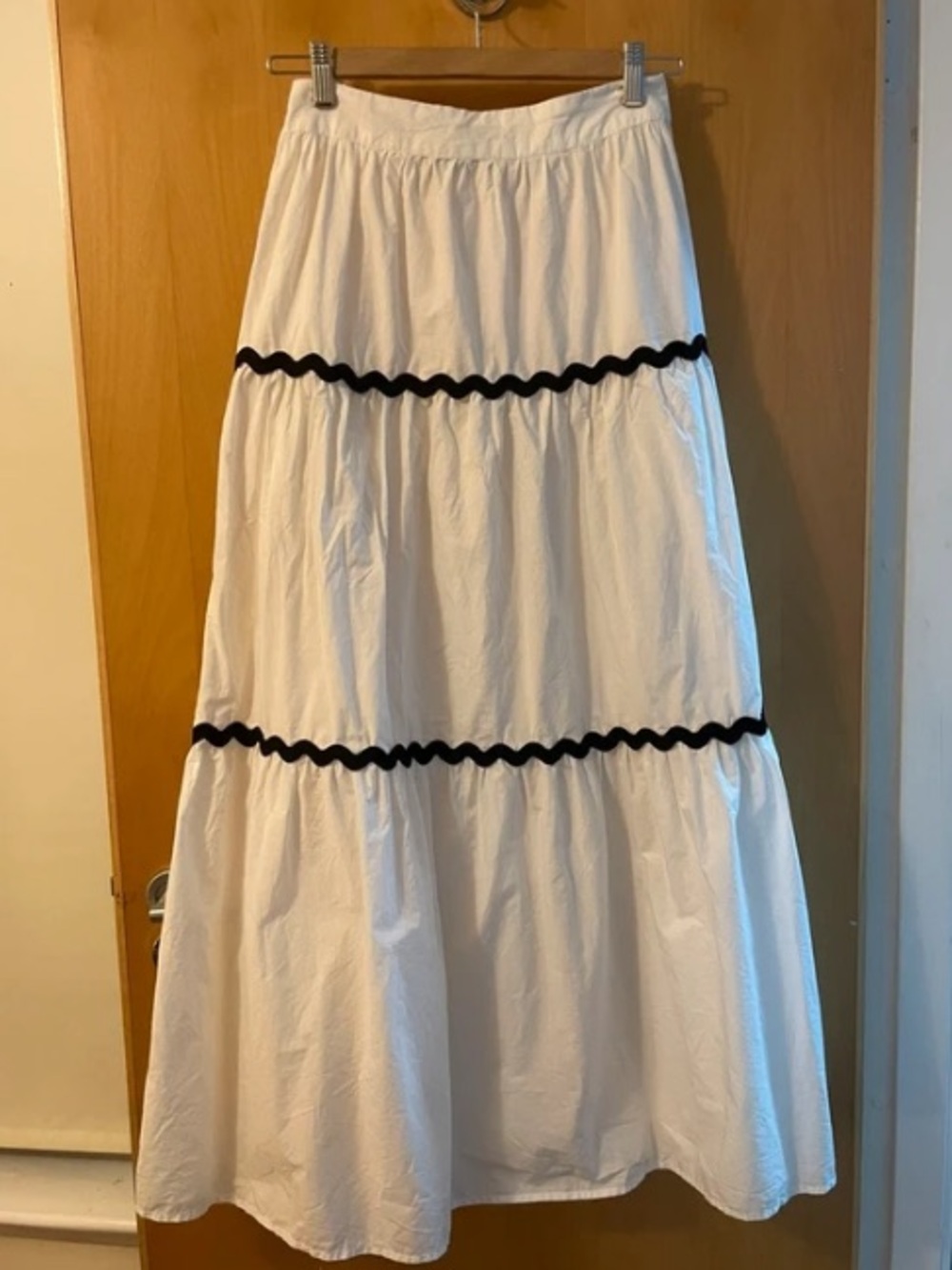 White Tiered Maxi Skirt with Black Wave Trim